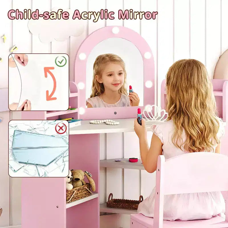 Coiffeuse d'angle pour enfants avec lumières, 3 étagères de rangement, 5 compartiments ouverts, accessoires Rose/Bleu + Blanc