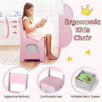 Coiffeuse d'angle pour enfants avec lumières, 3 étagères de rangement, 5 compartiments ouverts, accessoires Rose/Bleu + Blanc