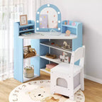 Coiffeuse d'angle pour enfants avec lumières, 3 étagères de rangement, 5 compartiments ouverts, accessoires Rose/Bleu + Blanc