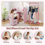 Coiffeuse d'angle pour enfants avec lumières, 3 étagères de rangement, 5 compartiments ouverts, accessoires Rose/Bleu + Blanc