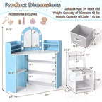 Coiffeuse d'angle pour enfants avec lumières, 3 étagères de rangement, 5 compartiments ouverts, accessoires Rose/Bleu + Blanc