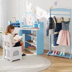 Coiffeuse d'angle pour enfants avec lumières, 3 étagères de rangement, 5 compartiments ouverts, accessoires Rose/Bleu + Blanc
