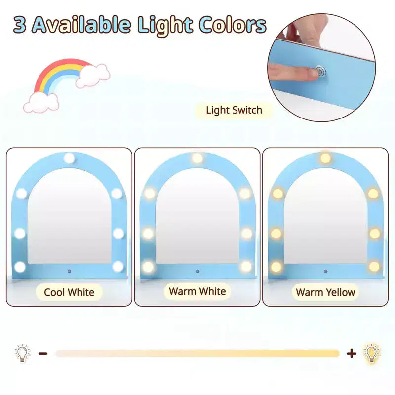 Coiffeuse d'angle pour enfants avec lumières, 3 étagères de rangement, 5 compartiments ouverts, accessoires Rose/Bleu + Blanc