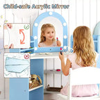 Coiffeuse d'angle pour enfants avec lumières, 3 étagères de rangement, 5 compartiments ouverts, accessoires Rose/Bleu + Blanc