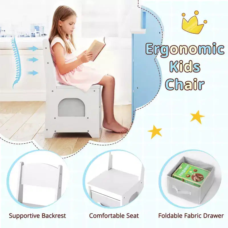 Coiffeuse d'angle pour enfants avec lumières, 3 étagères de rangement, 5 compartiments ouverts, accessoires Rose/Bleu + Blanc