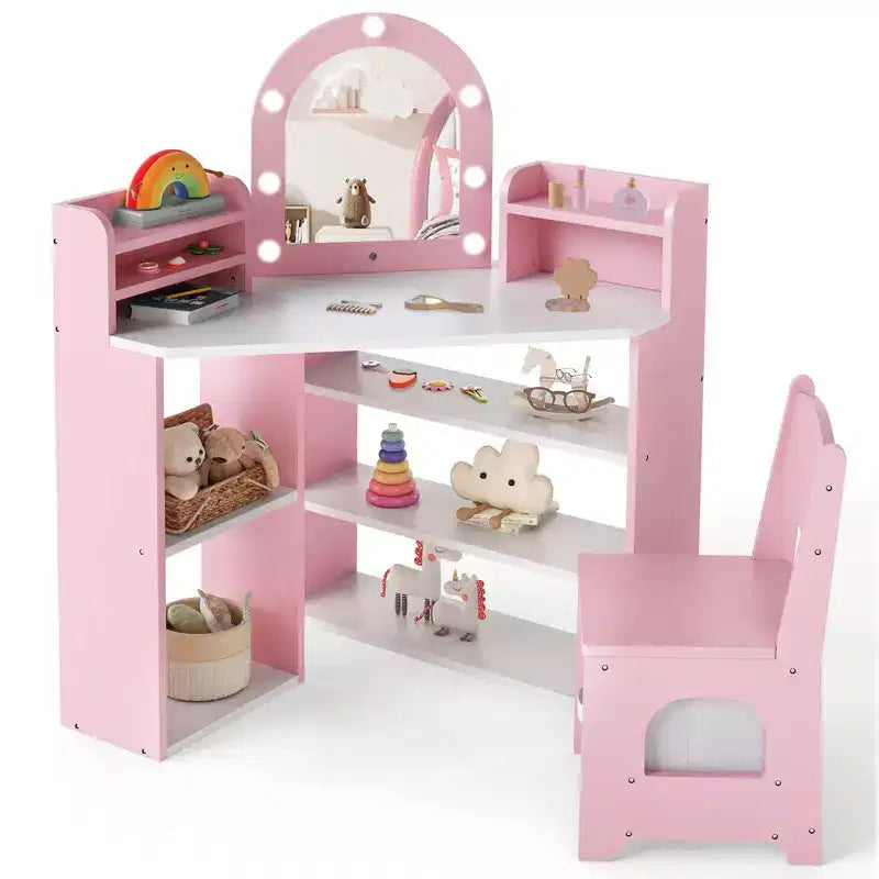 Coiffeuse d'angle pour enfants avec lumières, 3 étagères de rangement, 5 compartiments ouverts, accessoires Rose/Bleu + Blanc