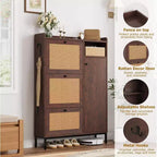 Meuble de rangement à chaussures en rotin à 4 niveaux avec 3 tiroirs basculants, Organisateur de chaussures sur pied avec étagères réglables pour entrée, placard, couloir