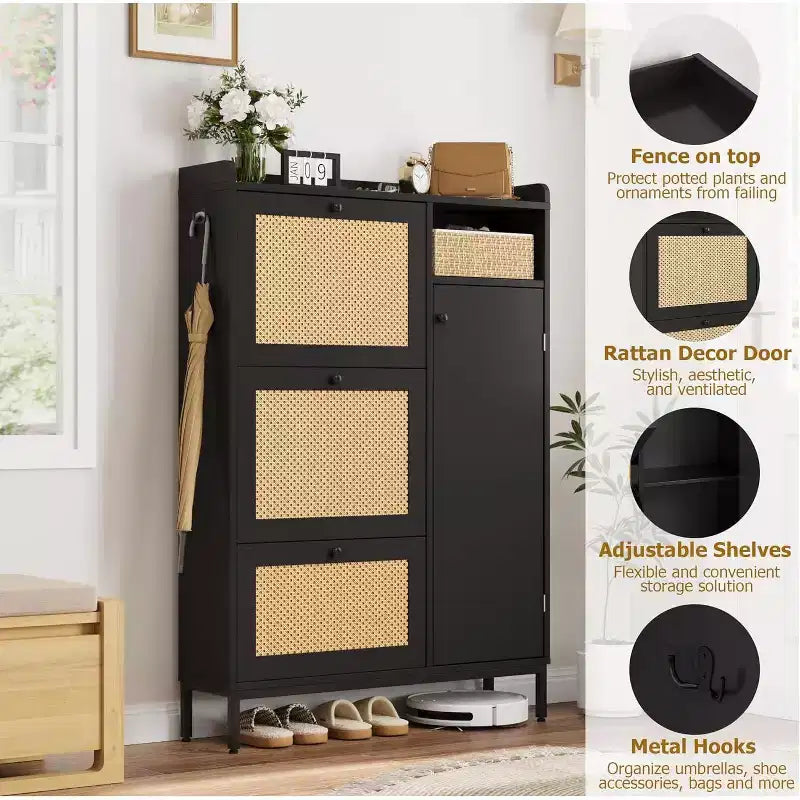 Meuble de rangement à chaussures en rotin à 4 niveaux avec 3 tiroirs basculants, Organisateur de chaussures sur pied avec étagères réglables pour entrée, placard, couloir