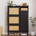 Meuble de rangement à chaussures en rotin à 4 niveaux avec 3 tiroirs basculants, Organisateur de chaussures sur pied avec étagères réglables pour entrée, placard, couloir