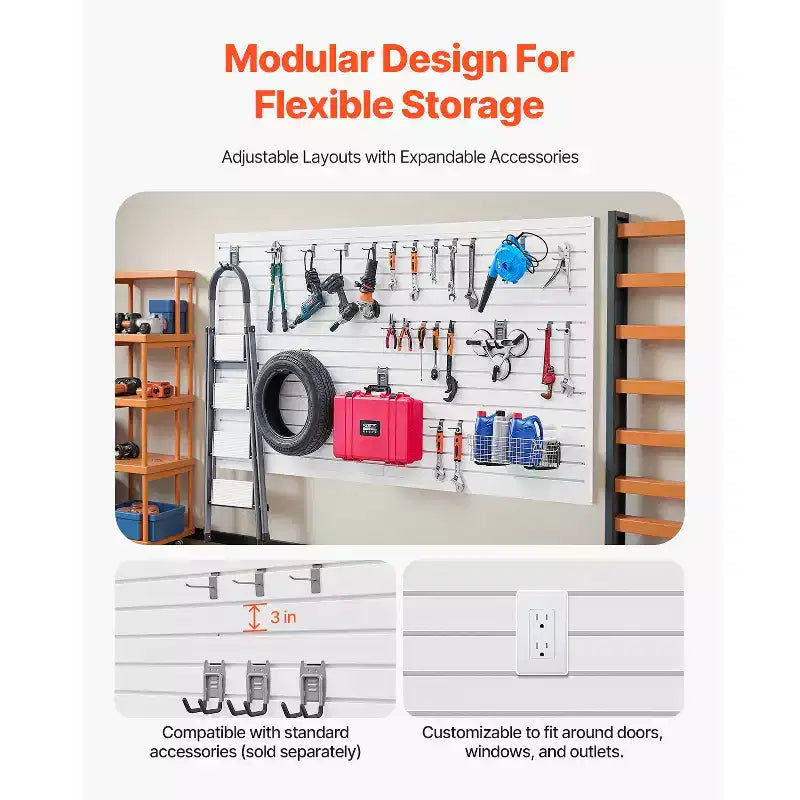 Panneaux muraux à lattes, 2,4 x 1,2 m, en PVC pour garage, avec accessoires, blancs, faciles à installer et réglables, blancs