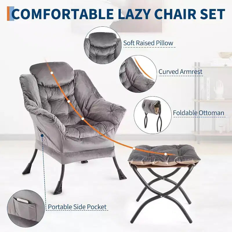 Fauteuil inclinable avec ottoman, fauteuil de salon moderne avec repose-pieds, accoudoirs, poche latérale pour le salon, la chambre, le dortoir ou le bureau