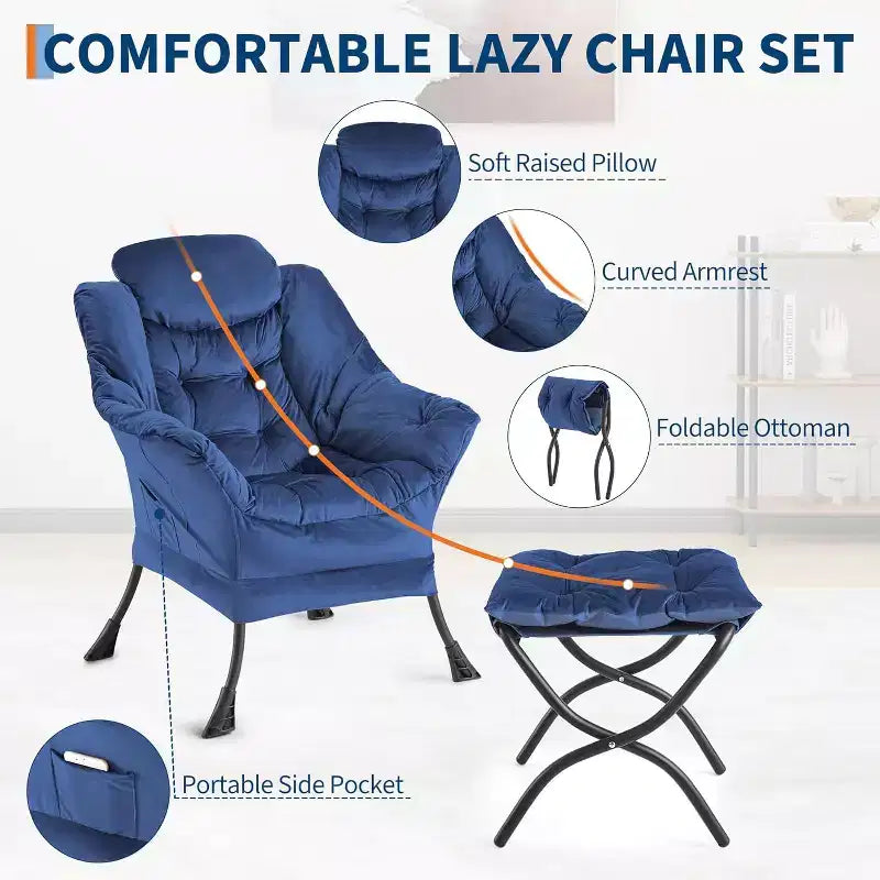 Fauteuil inclinable avec ottoman, fauteuil de salon moderne avec repose-pieds, accoudoirs, poche latérale pour le salon, la chambre, le dortoir ou le bureau