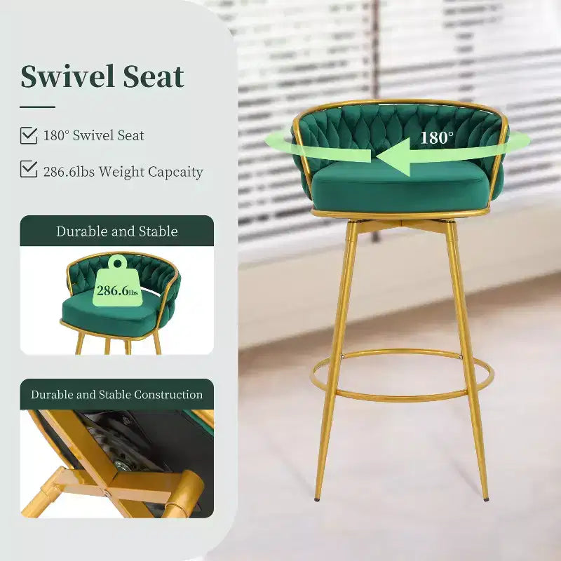 Tabourets de bar pivotants de 31,5 po hauteur comptoir, lot de 2, avec base en métal doré de luxe et dossier tressé à la main, capacité de 286 lb