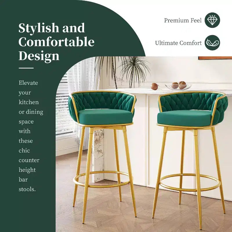 Tabourets de bar pivotants de 31,5 po hauteur comptoir, lot de 2, avec base en métal doré de luxe et dossier tressé à la main, capacité de 286 lb