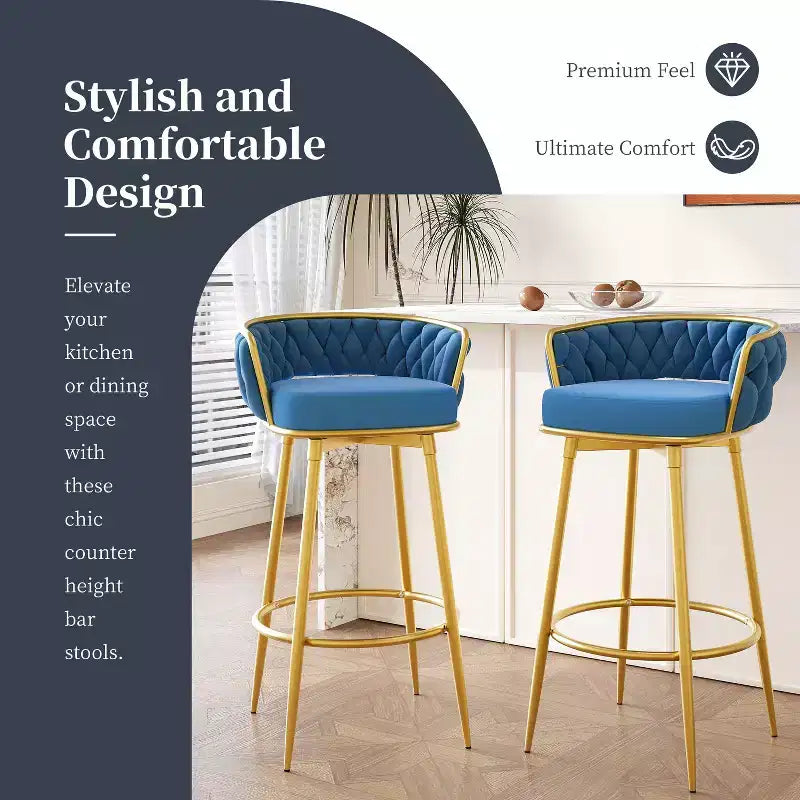 Tabourets de bar pivotants de 31,5 po hauteur comptoir, lot de 2, avec base en métal doré de luxe et dossier tressé à la main, capacité de 286 lb