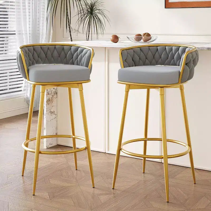Tabourets de bar pivotants de 31,5 po hauteur comptoir, lot de 2, avec base en métal doré de luxe et dossier tressé à la main, capacité de 286 lb