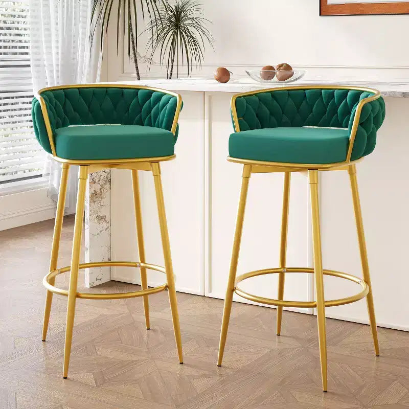 Tabourets de bar pivotants de 31,5 po hauteur comptoir, lot de 2, avec base en métal doré de luxe et dossier tressé à la main, capacité de 286 lb