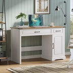 Bureau exécutif de ferme de 47 pouces avec tiroirs et armoire de rangement - Poste de travail rustique pour bureau à domicile/étude/chambre à coucher, blanc antique