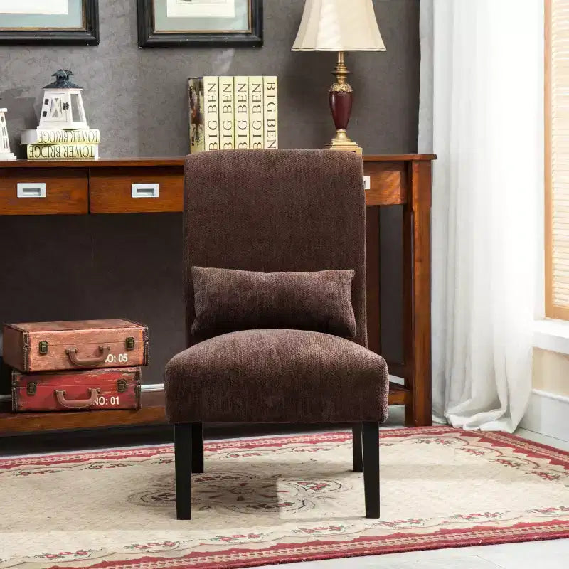 Fauteuil d'appoint sans accoudoirs en tissu chenille moderne avec oreiller, pieds en bois massif, siège profond pour le salon, la chambre ou le bureau