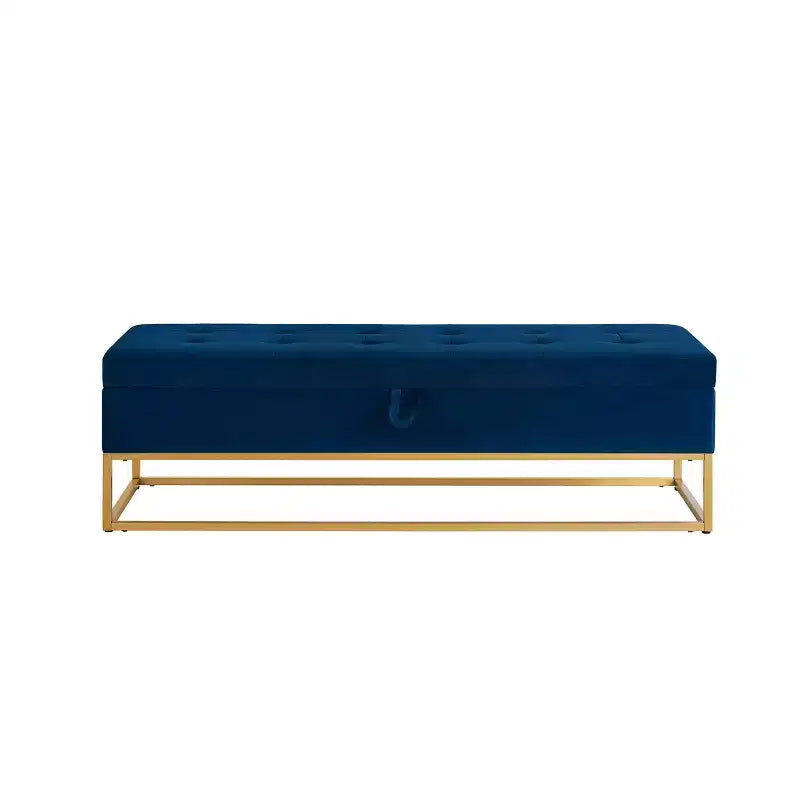 Banc de rangement 58,6 po, banc rembourré avec base en métal pour chambre, salon, couloir bleu