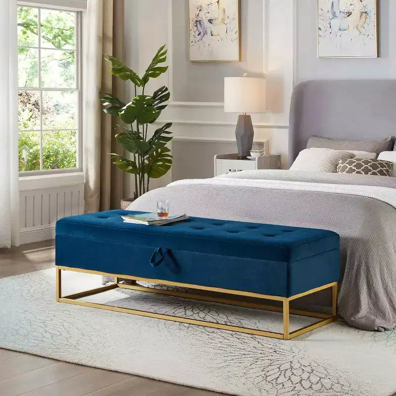 Banc de rangement 58,6 po, banc rembourré avec base en métal pour chambre, salon, couloir bleu