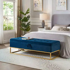 Banc de rangement 58,6 po, banc rembourré avec base en métal pour chambre, salon, couloir bleu