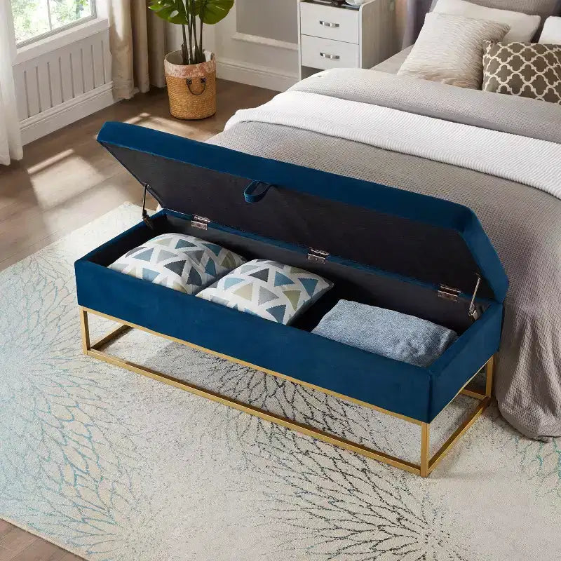 Banc de rangement 58,6 po, banc rembourré avec base en métal pour chambre, salon, couloir bleu