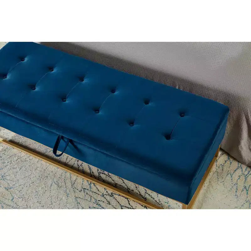 Banc de rangement 58,6 po, banc rembourré avec base en métal pour chambre, salon, couloir bleu
