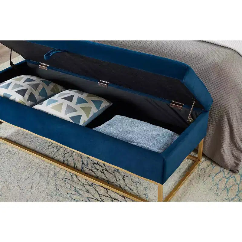 Banc de rangement 58,6 po, banc rembourré avec base en métal pour chambre, salon, couloir bleu