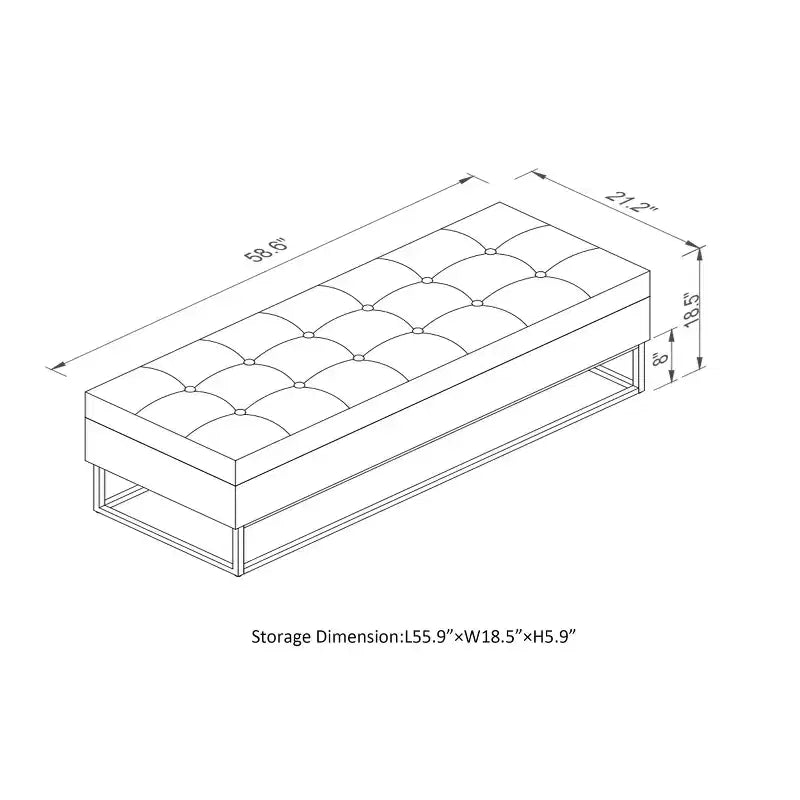 Banc de rangement 58,6 po, banc rembourré avec base en métal pour chambre, salon, couloir bleu