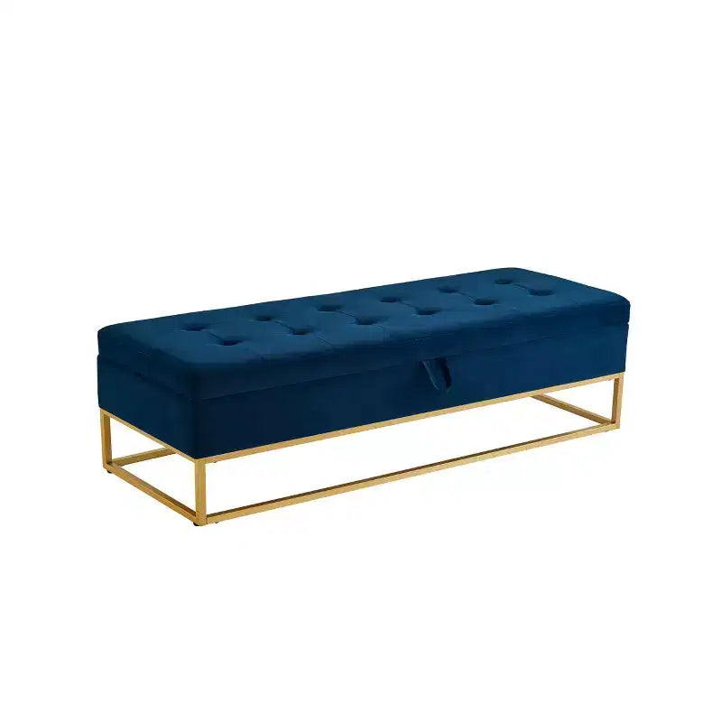 Banc de rangement 58,6 po, banc rembourré avec base en métal pour chambre, salon, couloir bleu