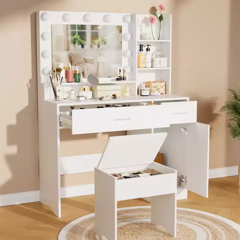 Coiffeuse avec lumière LED 3 couleurs, miroir, tiroirs de différentes tailles et tabouret, coiffeuse de style moderne, pour chambre, blanche