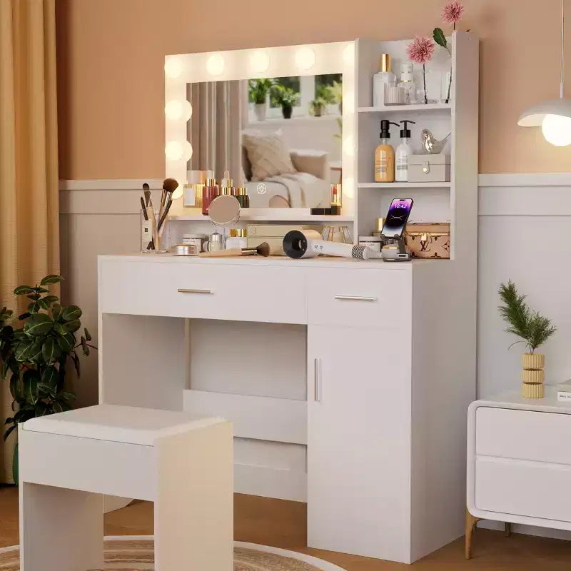 Coiffeuse avec lumière LED 3 couleurs, miroir, tiroirs de différentes tailles et tabouret, coiffeuse de style moderne, pour chambre, blanche