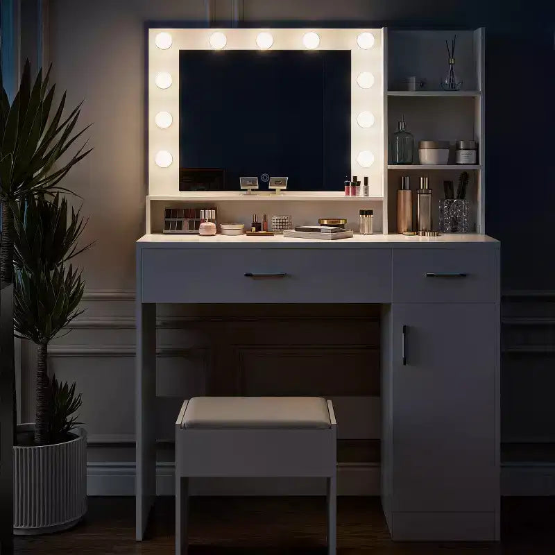 Coiffeuse avec lumière LED 3 couleurs, miroir, tiroirs de différentes tailles et tabouret, coiffeuse de style moderne, pour chambre, blanche