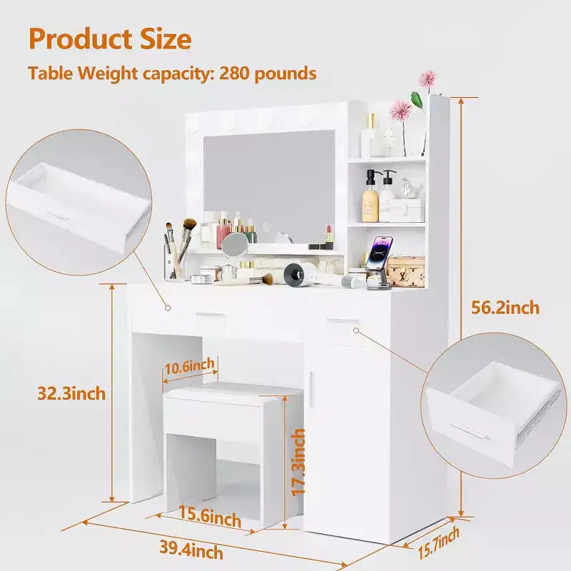 Coiffeuse avec lumière LED 3 couleurs, miroir, tiroirs de différentes tailles et tabouret, coiffeuse de style moderne, pour chambre, blanche