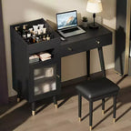 Coiffeuse moderne avec tabouret rembourré, commode avec tiroirs, meuble de rangement et port de chargement, coiffeuse peu encombrante, noire