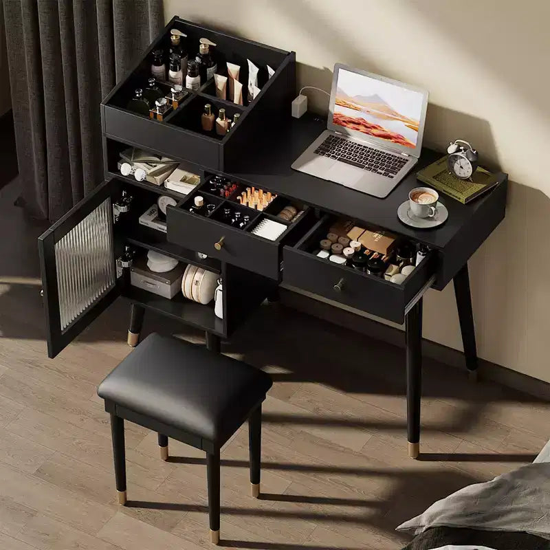 Coiffeuse moderne avec tabouret rembourré, commode avec tiroirs, meuble de rangement et port de chargement, coiffeuse peu encombrante, noire