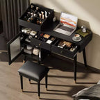 Coiffeuse moderne avec tabouret rembourré, commode avec tiroirs, meuble de rangement et port de chargement, coiffeuse peu encombrante, noire