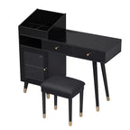 Coiffeuse moderne avec tabouret rembourré, commode avec tiroirs, meuble de rangement et port de chargement, coiffeuse peu encombrante, noire
