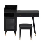 Coiffeuse moderne avec tabouret rembourré, commode avec tiroirs, meuble de rangement et port de chargement, coiffeuse peu encombrante, noire
