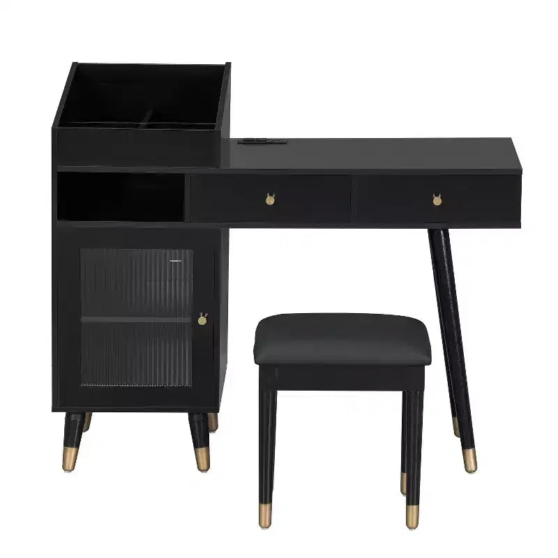 Coiffeuse moderne avec tabouret rembourré, commode avec tiroirs, meuble de rangement et port de chargement, coiffeuse peu encombrante, noire
