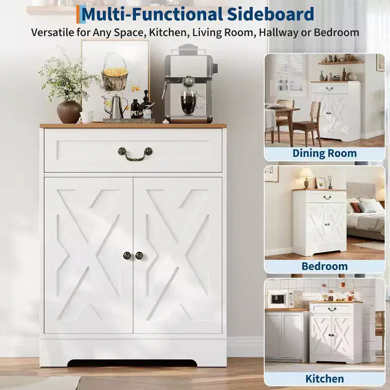 Meuble de Rangement Buffet de Ferme - Bahut avec 2 Portes, Tiroir et Étagère Ajustable, Meuble Blanc pour Cuisine, Salon