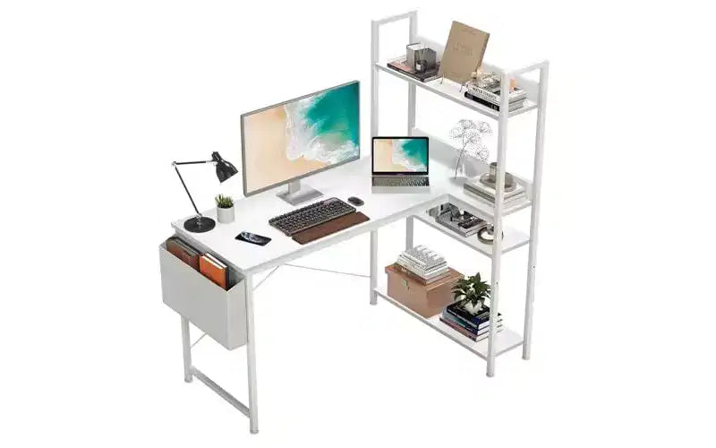 Bureau d'ordinateur moderne réversible en forme de L avec étagère réglable, bureau de rangement et d'écriture pour adolescents, étudiants, pour le travail ou le bureau