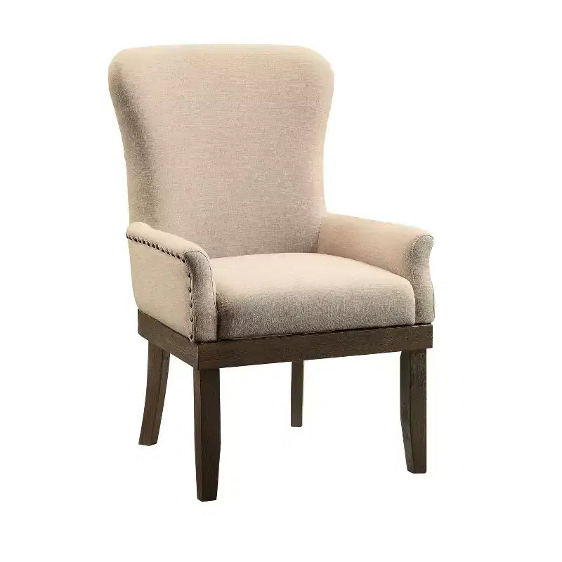 Chaise de salle à manger avec accoudoirs Salvage marron : revêtement en lin, clous décoratifs, cadre en bois