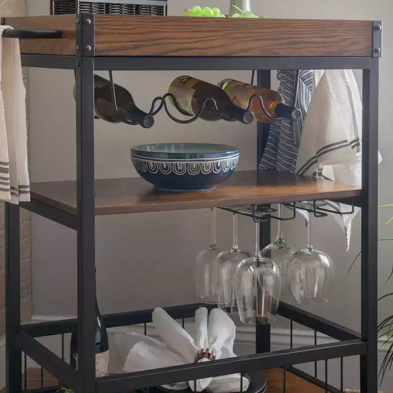Chariot de cuisine industriel en métal et bois à 3 étagères, porte-bouteilles et verres, rangement sur roulettes
