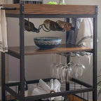 Chariot de cuisine industriel en métal et bois à 3 étagères, porte-bouteilles et verres, rangement sur roulettes
