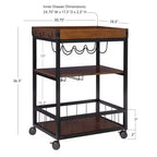 Chariot de cuisine industriel en métal et bois à 3 étagères, porte-bouteilles et verres, rangement sur roulettes