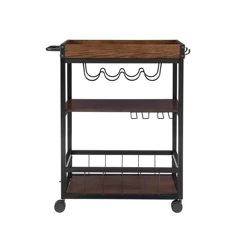 Chariot de cuisine industriel en métal et bois à 3 étagères, porte-bouteilles et verres, rangement sur roulettes