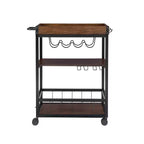 Chariot de cuisine industriel en métal et bois à 3 étagères, porte-bouteilles et verres, rangement sur roulettes