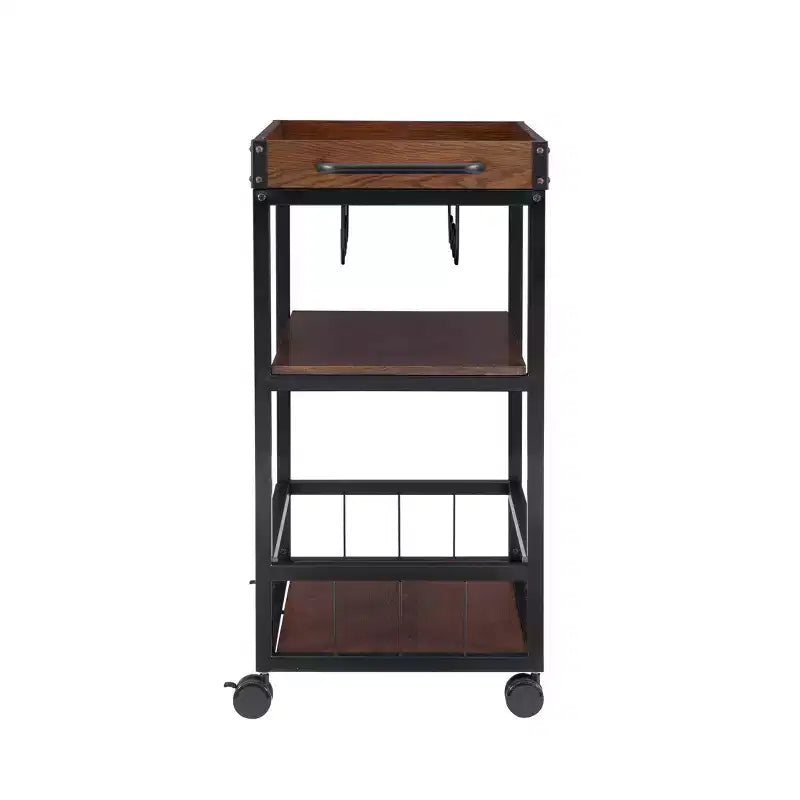 Chariot de cuisine industriel en métal et bois à 3 étagères, porte-bouteilles et verres, rangement sur roulettes